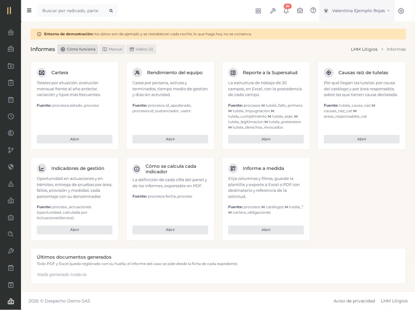 La pantalla «Informes», con datos de ejemplo