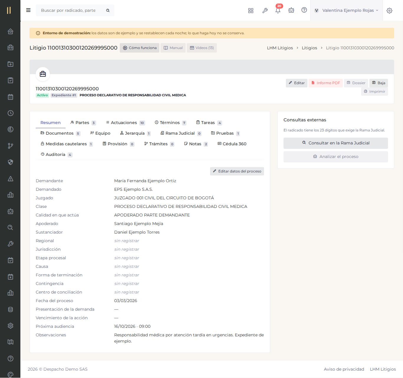 La pantalla «Ficha del litigio», con datos de ejemplo