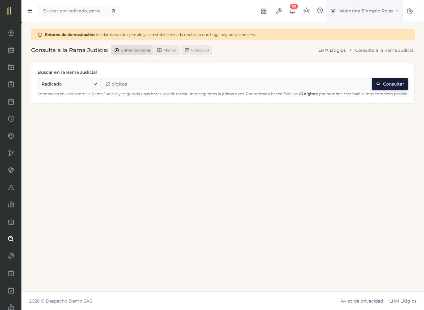 La pantalla «Consulta a la Rama Judicial», con datos de ejemplo