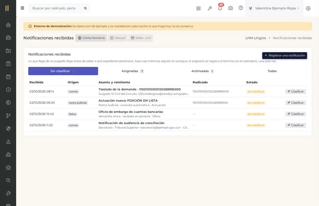 Pantalla del capítulo «De la notificación al término, sin que nada se venza», con datos de ejemplo.