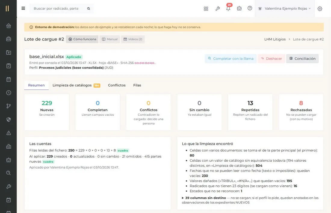 Pantalla del capítulo «La segunda entrega: sin cambio, actualiza o conflicto», con datos de ejemplo.