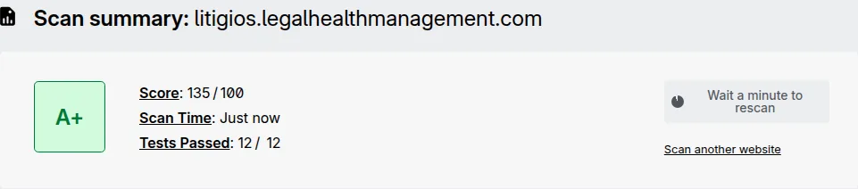 Captura del informe de Mozilla HTTP Observatory sobre litigios.legalhealthmanagement.com: A+.